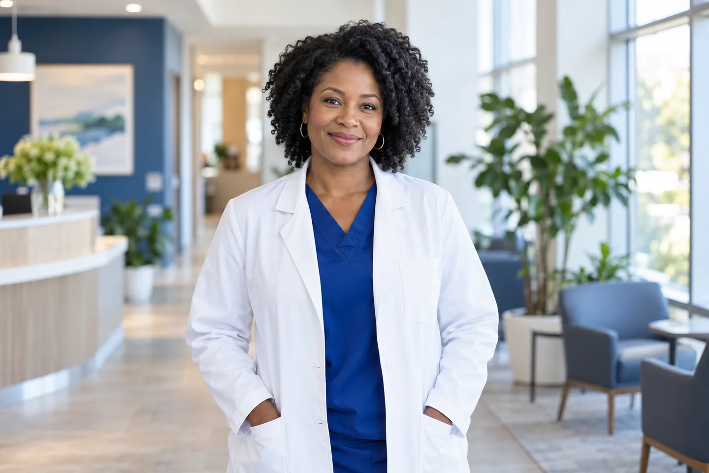portrait of a Black female physician in a bright clinic