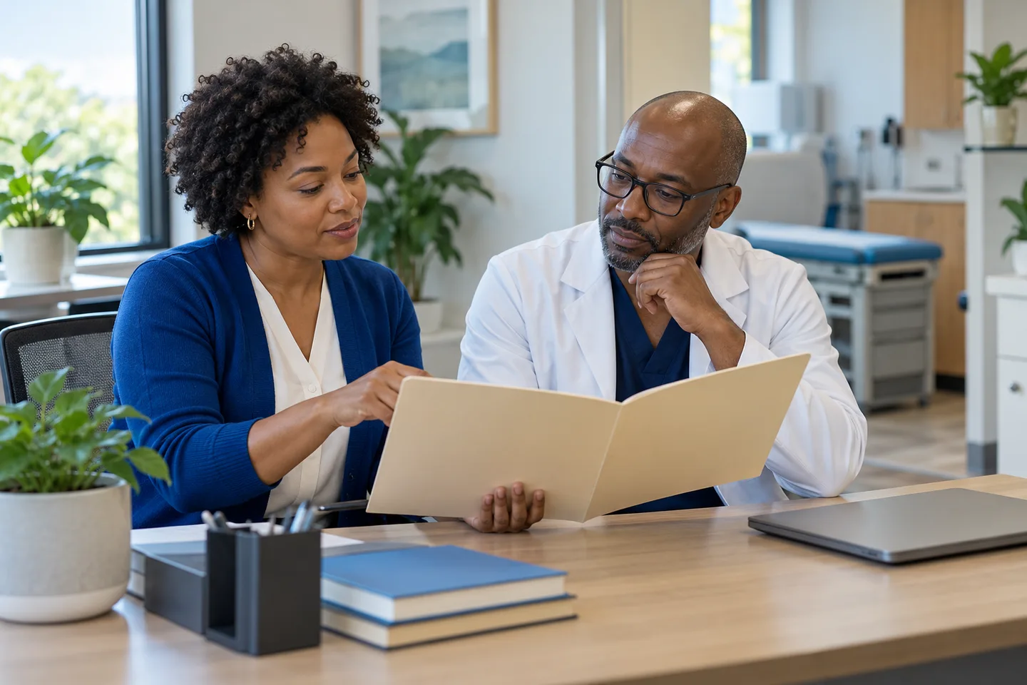 Practice coordinator and physician reviewing a request folder