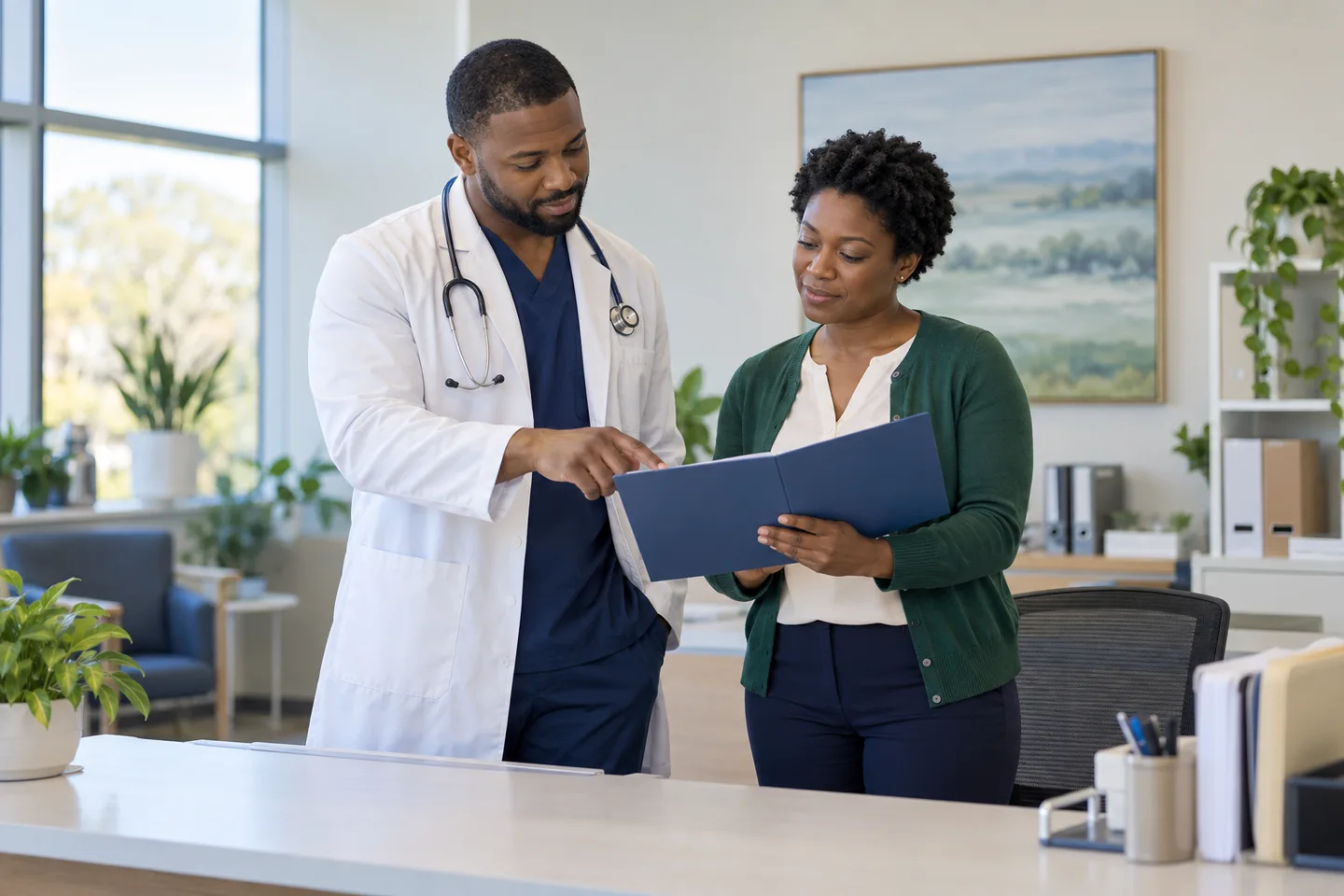 Physician and billing coordinator discussing an administrative handoff
