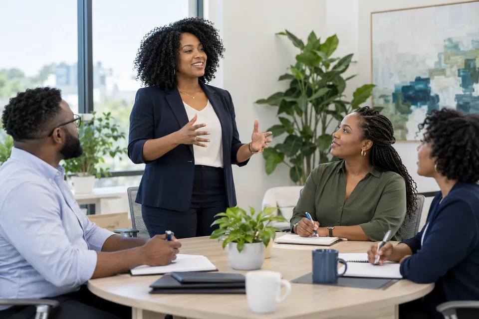 A Black female trainer leading three Black healthcare administrators in a small workshop with notebooks and no readable slides
