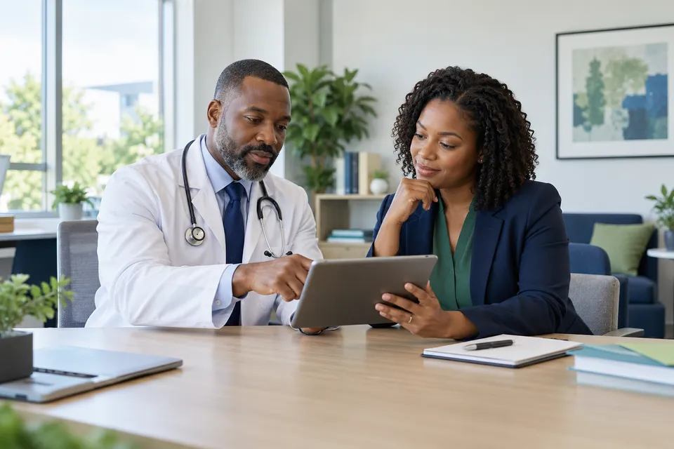 A Black male cardiologist in a white coat and a Black female administrator planning around a tablet in a bright outpatient office