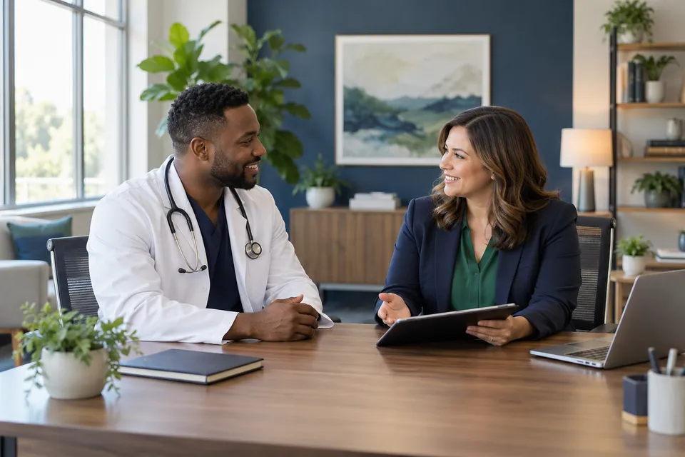 A Black male physician joining a female practice administrator for an onboarding meeting in a newly arranged clinic office