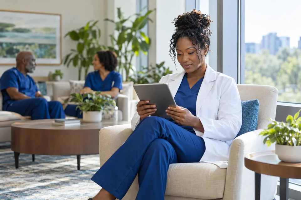 Healthcare professional reading a tablet in a bright office