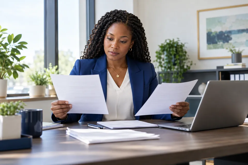 A Black female finance professional in a blue blazer comparing anonymous paper statements with a laptop in an orderly office
