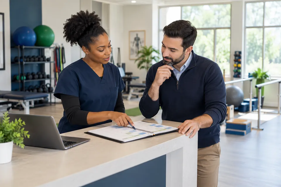 A Black woman physical therapist and a male clinic manager discussing a calendar at a rehab reception with exercise equipment behind