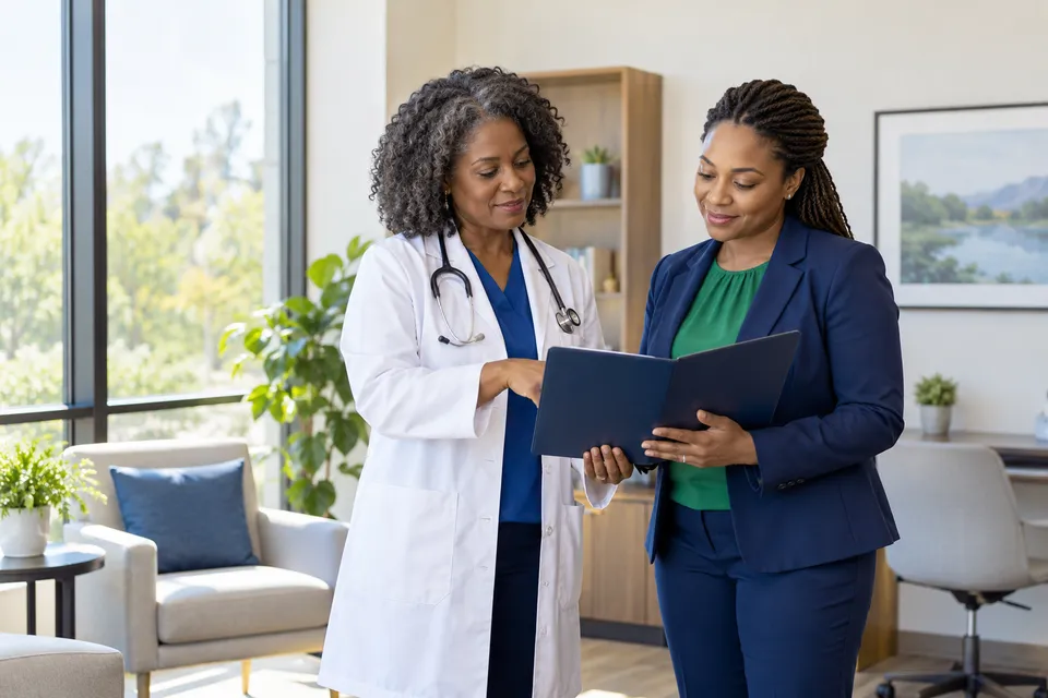 A mature Black female primary care doctor reviewing a closed folder with an administrator in a sunlit consultation office