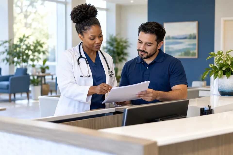 A Black woman family physician with a high bun and a male front desk coordinator planning the morning at a clinic reception