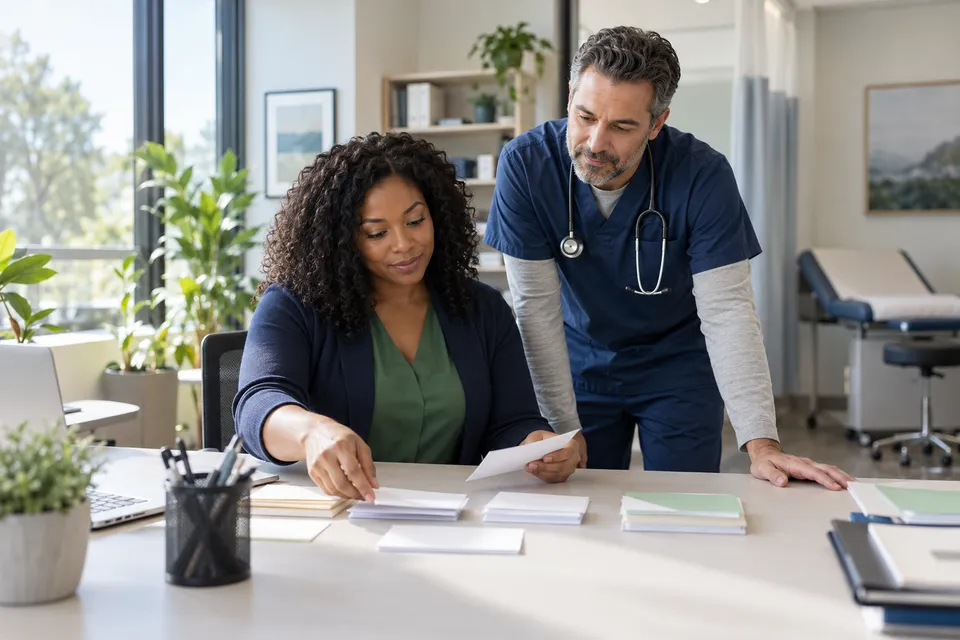 A Black woman authorization coordinator at a bright desk arranging generic request cards with a male clinician nearby