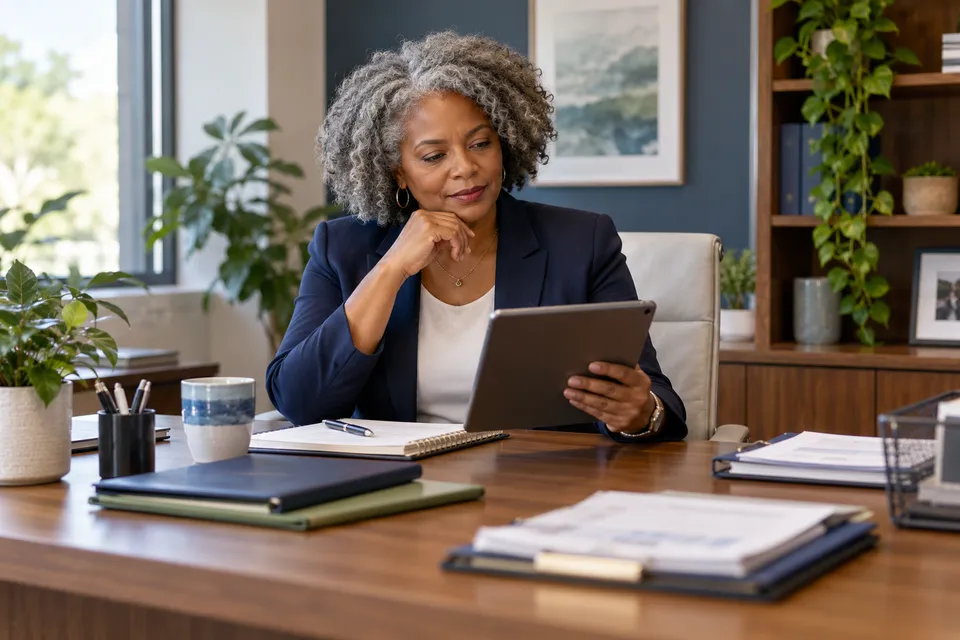 A mature Black woman practice administrator with silver natural hair reviewing a tablet while seated at a spacious wooden desk