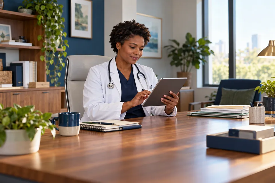 A Black woman physician with short natural hair reviewing a tablet while seated at a spacious wooden desk