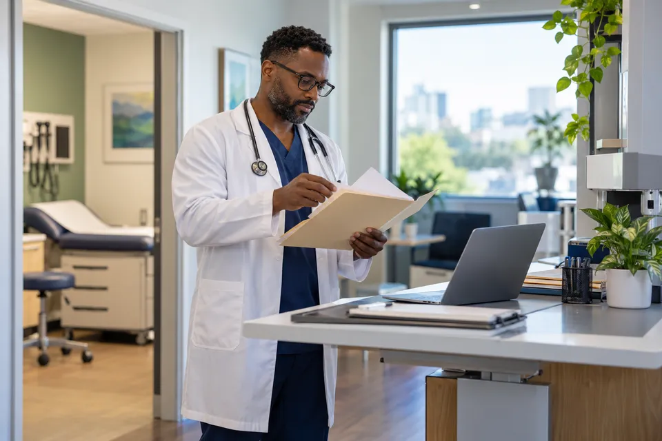 A Black male physician with glasses organizing an unmarked folder and a laptop at a standing clinic workstation