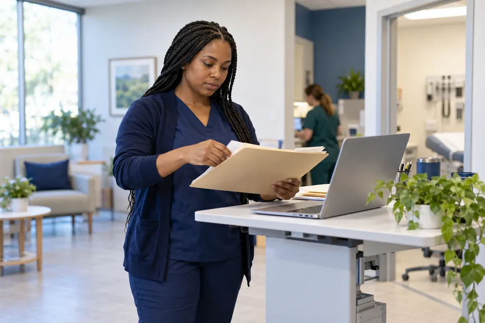 A Black female billing professional with long braids organizing an unmarked folder and a laptop at a standing clinic workstation