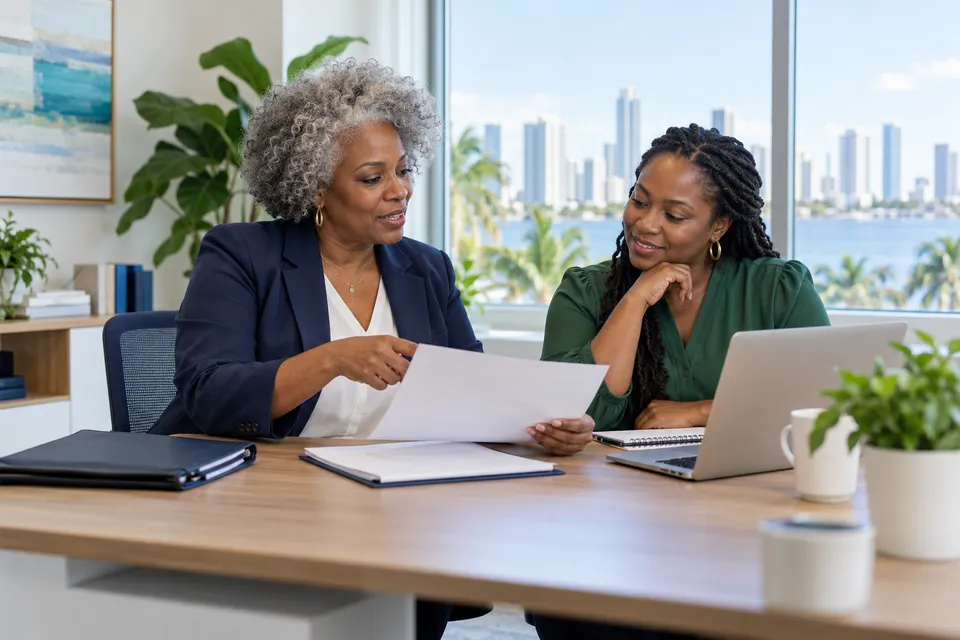 A mature Black woman practice administrator with silver natural hair discussing an anonymous document with a Black colleague in a bright office