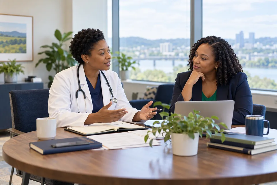 A Black woman physician with short natural hair planning administrative tasks with a Black colleague at a round meeting table