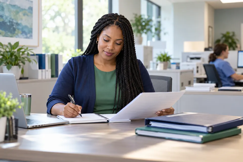A Black female billing professional with long braids working with a notebook and closed folders in an airy healthcare business office
