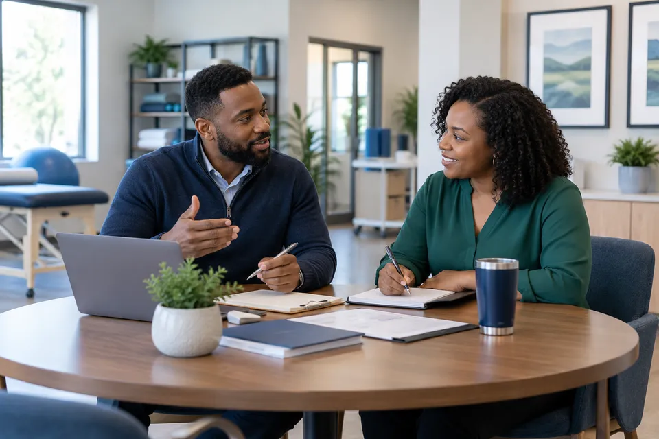 A Black man practice coordinator with a neatly trimmed beard planning administrative tasks with a Black colleague at a round meeting table