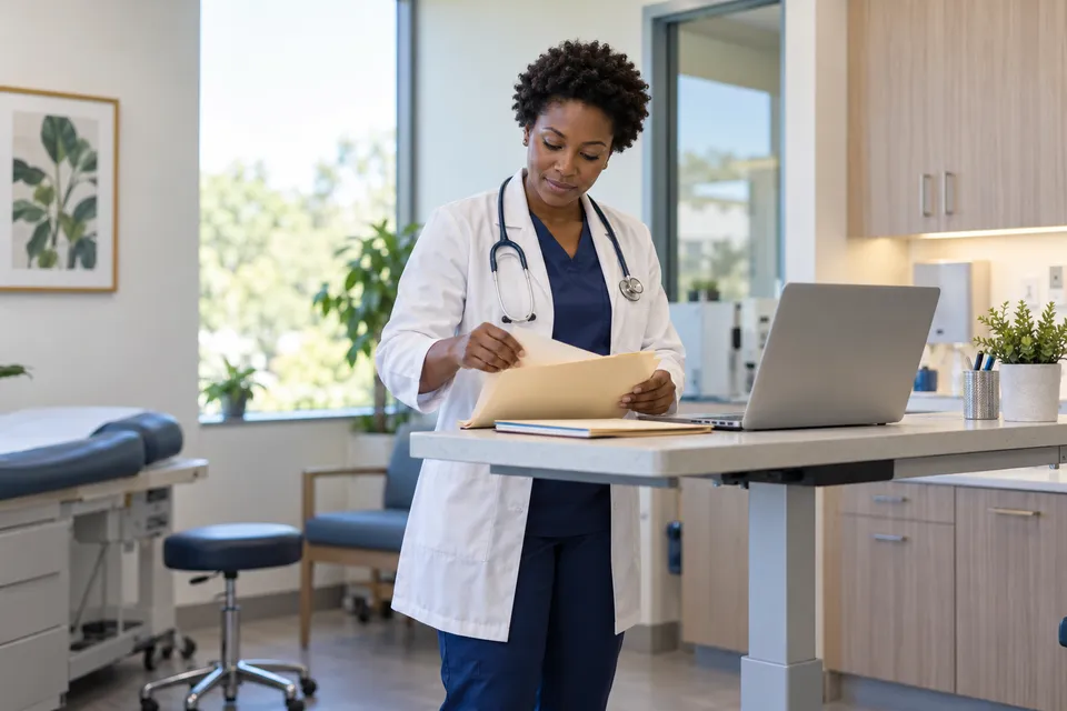 A Black woman physician with short natural hair organizing an unmarked folder and a laptop at a standing clinic workstation