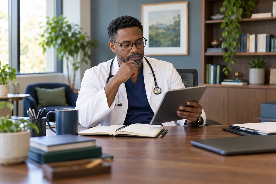 A Black male physician with glasses reviewing a tablet while seated at a spacious wooden desk