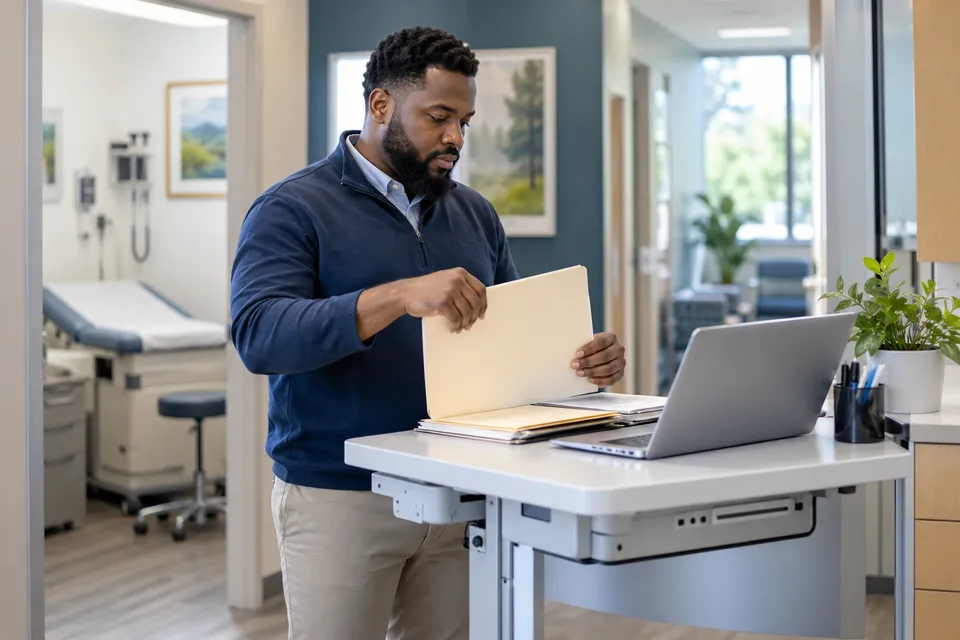 A Black man practice coordinator with a neatly trimmed beard organizing an unmarked folder and a laptop at a standing clinic workstation