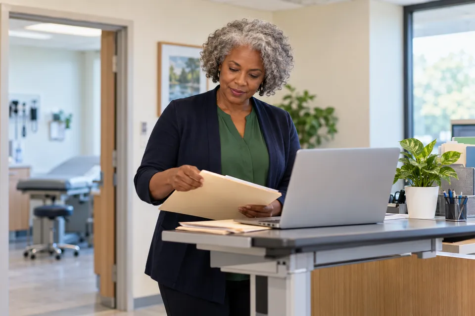A mature Black woman practice administrator with silver natural hair organizing an unmarked folder and a laptop at a standing clinic workstation