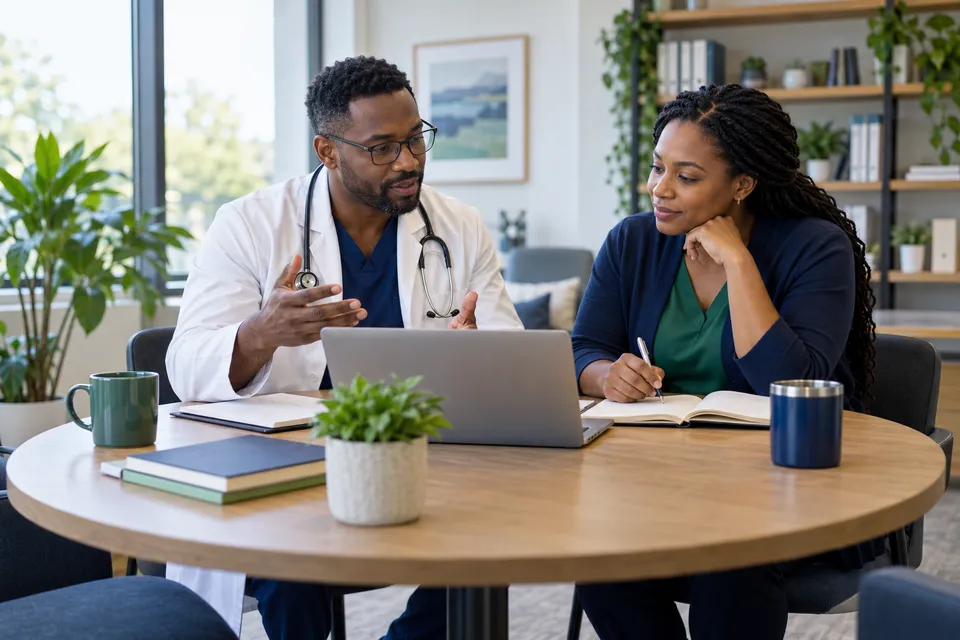 A Black male physician with glasses planning administrative tasks with a Black colleague at a round meeting table