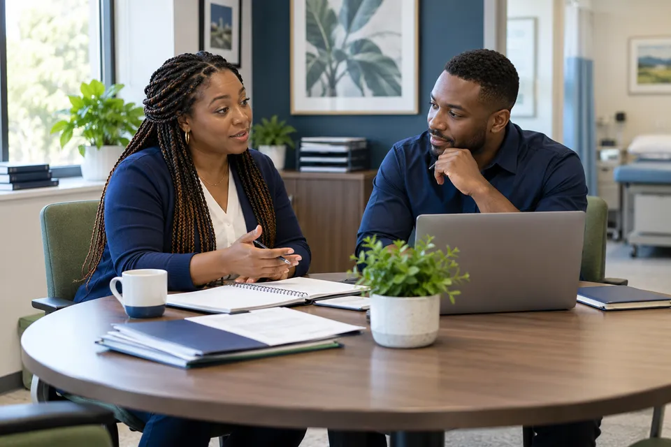 A Black female billing professional with long braids planning administrative tasks with a Black colleague at a round meeting table