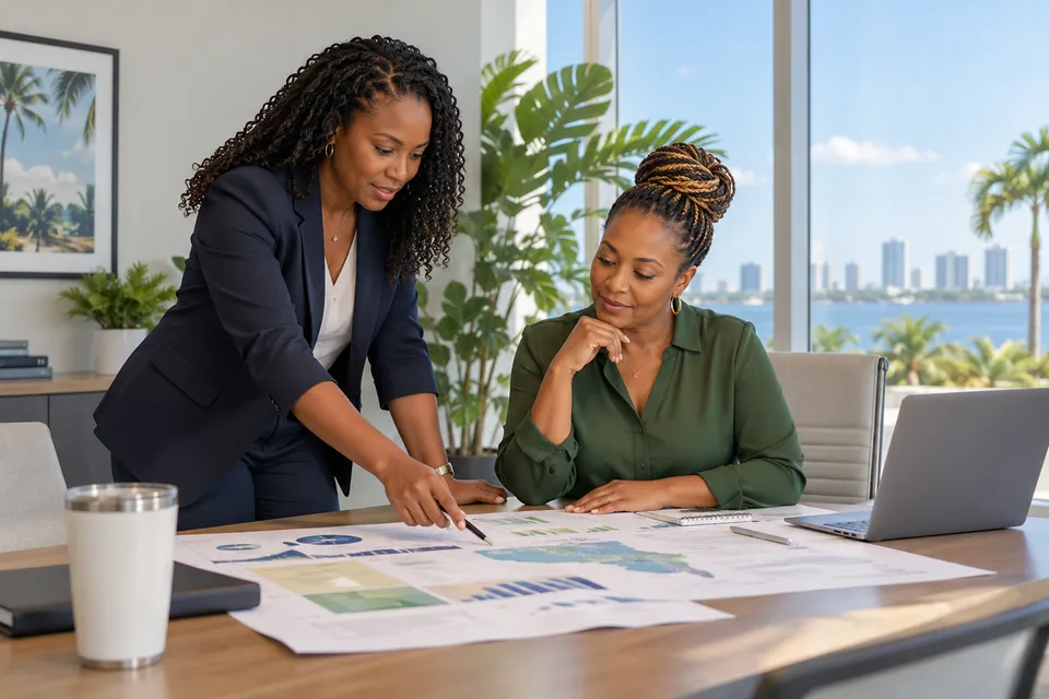 Two Black Florida clinic administrators reviewing a multi-location operations plan at an office with warm coastal daylight