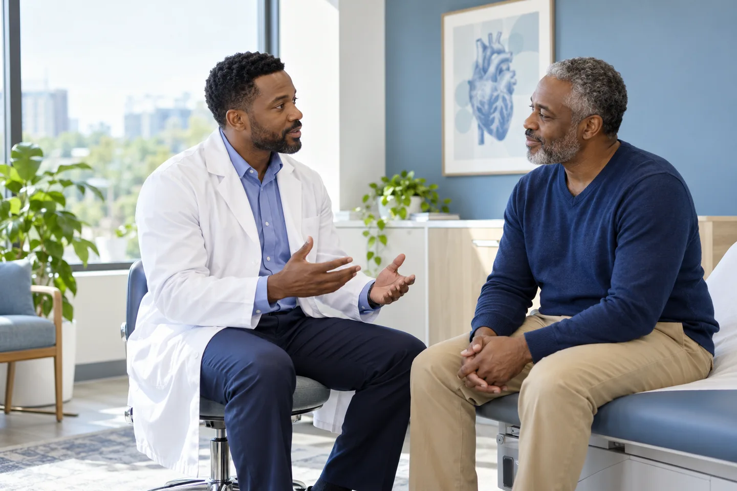 Black male physician and man in a consultation room