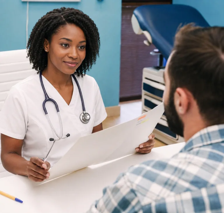 A physician reviewing information with a patient