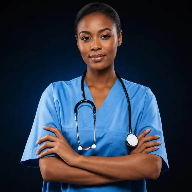 A healthcare professional in blue scrubs