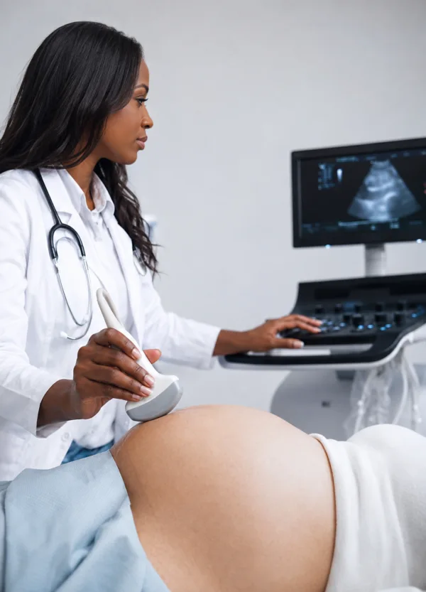 A physician performing an ultrasound examination