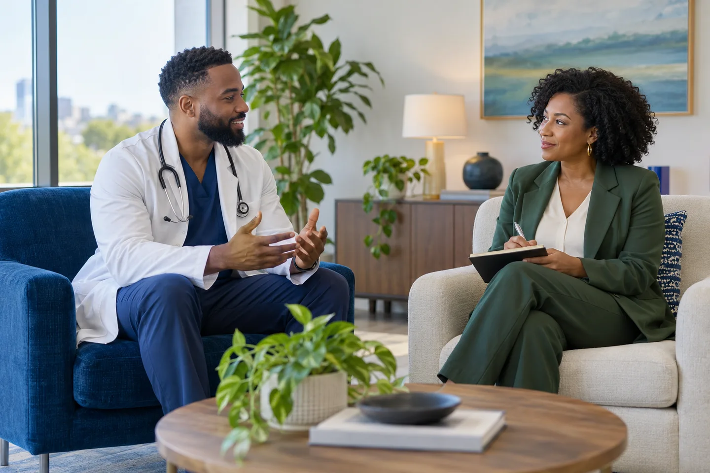 Physician and administrator in an office conversation