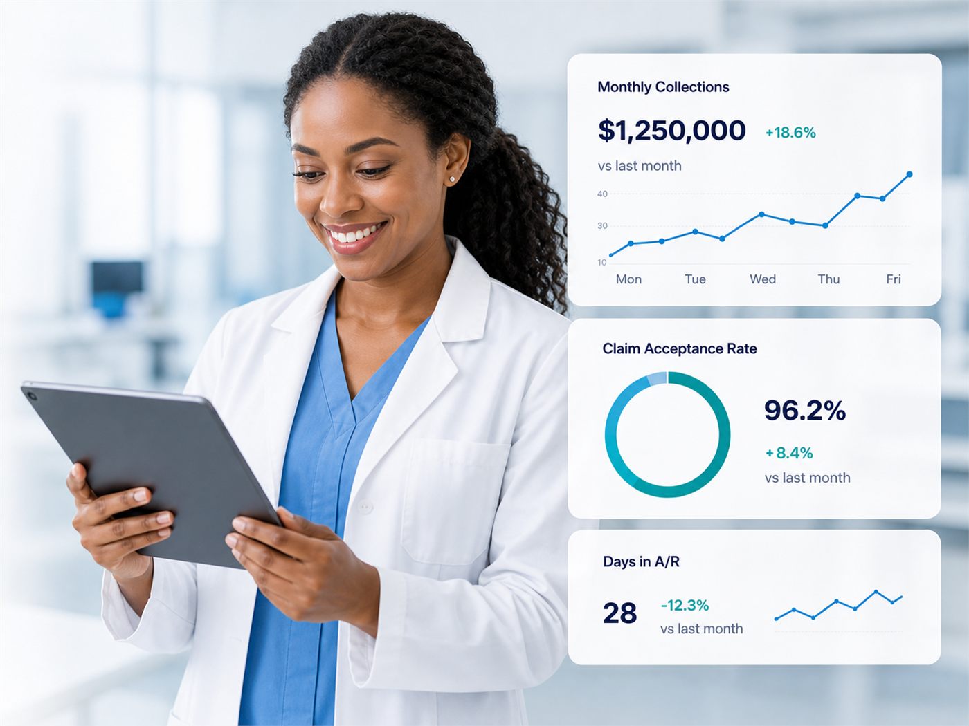 Black healthcare professional reviewing billing metrics on a tablet