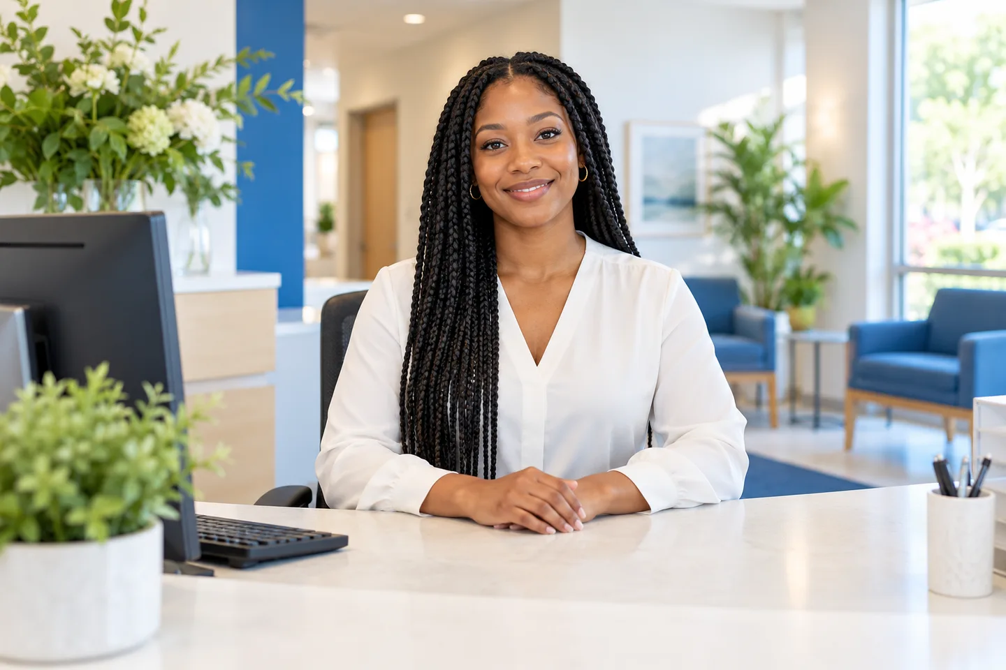 Practice coordinator at a medical office desk