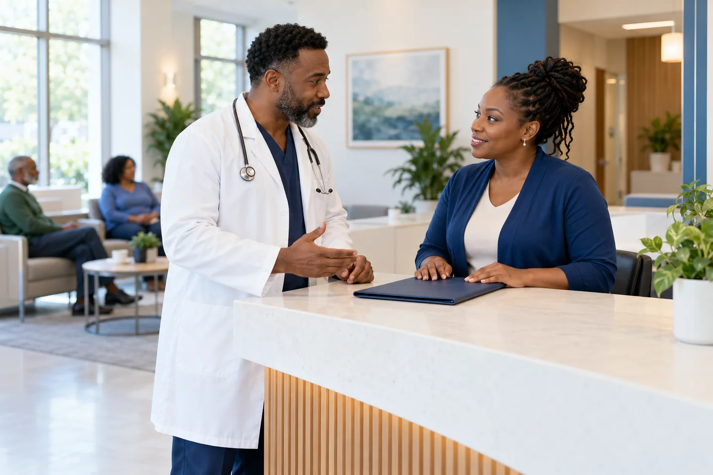 Physician and coordinator discussing provider information
