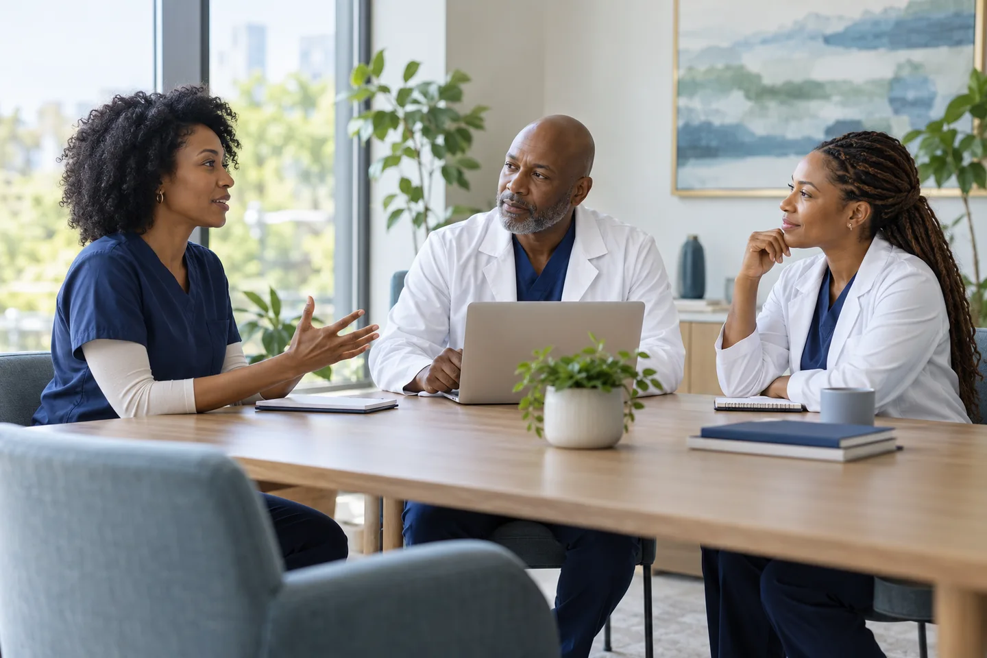 Healthcare and administrative professionals discussing a workflow