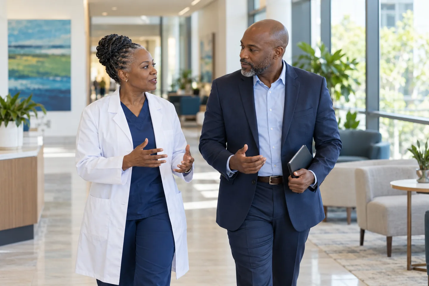 Physician and administrator discussing practice priorities
