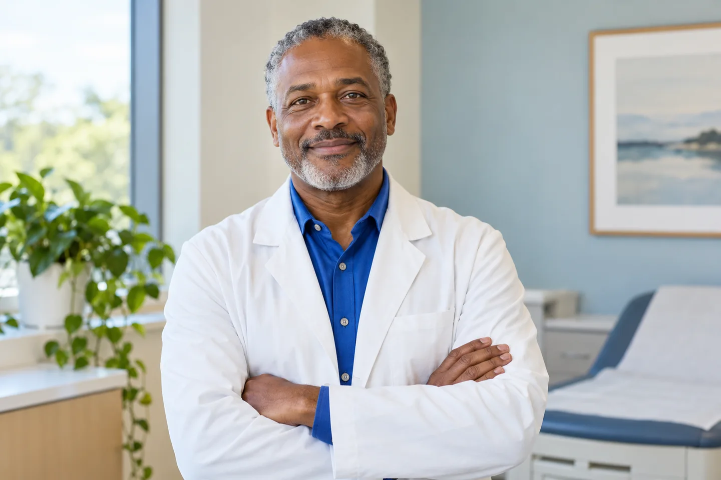 portrait of a Black male physician in a bright clinic