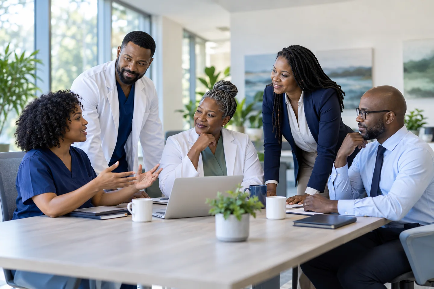 Healthcare and administrative professionals in a team discussion