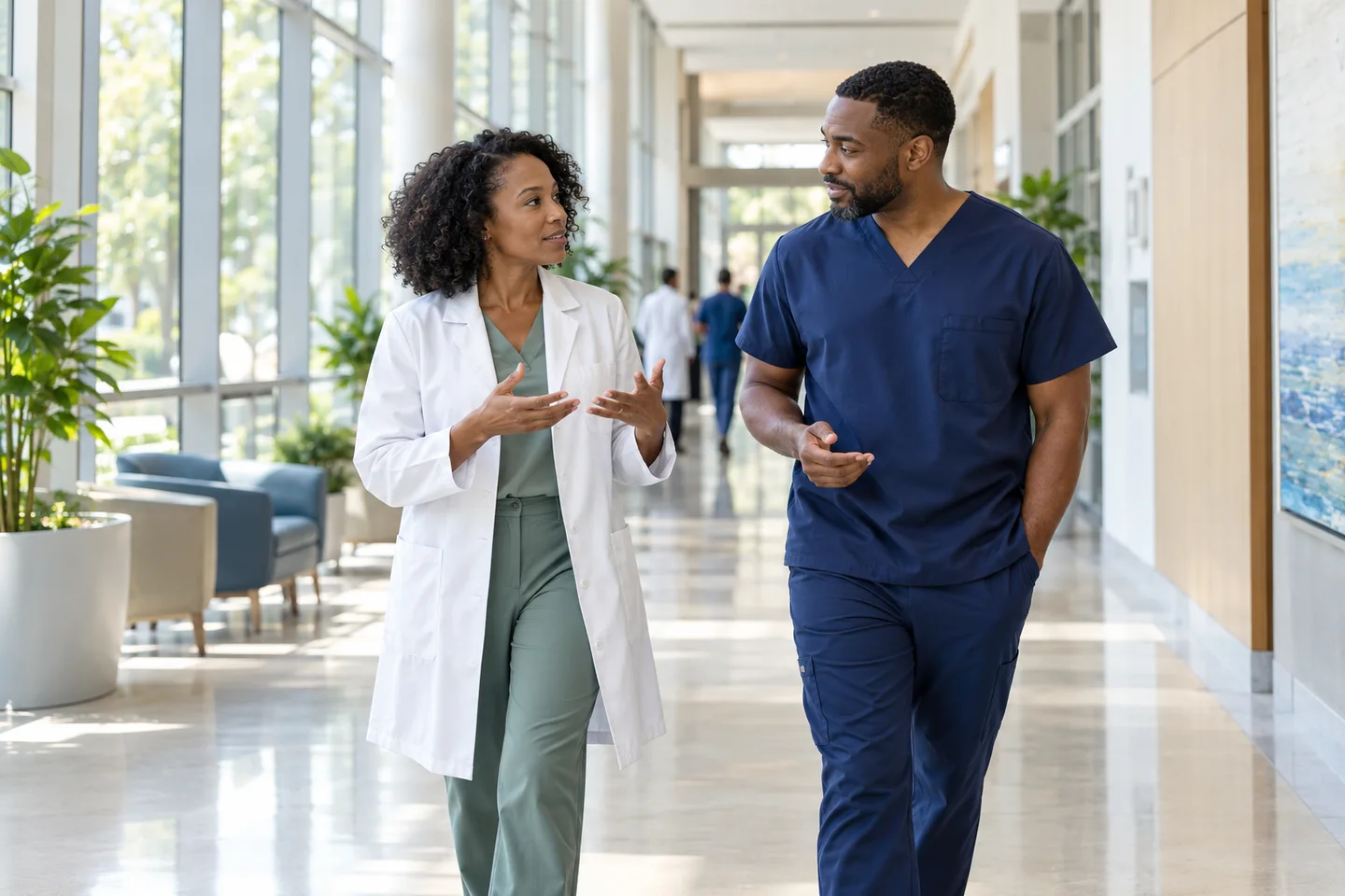 Clinicians talking in a clinic corridor